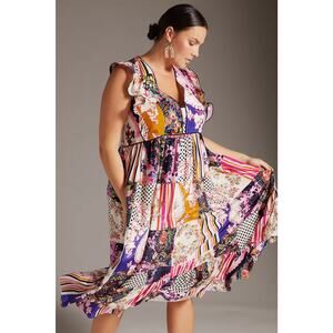 Anthropologie Patchwork Print Ruffle Shoulder Swing Dress Size 12 Petite